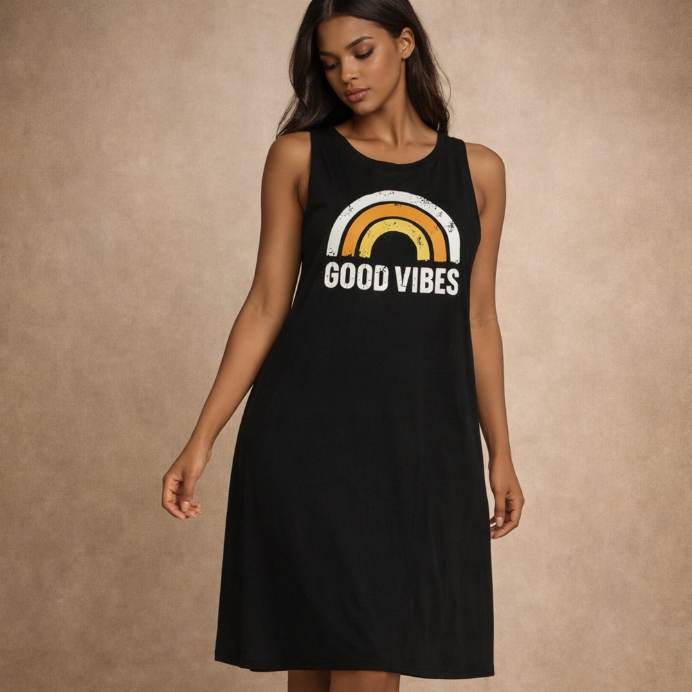 Good Vibes Rainbow Graphic Sleeveless Maxi Dress Casual Boho Lounge M
